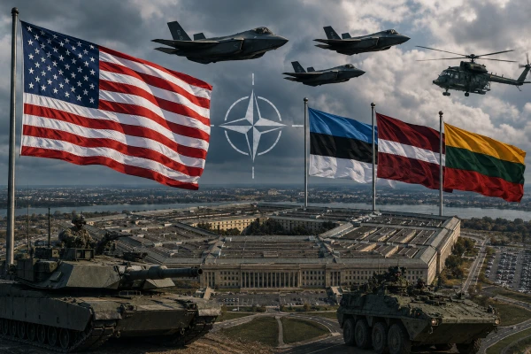 Коллаж: Пентагон, флаги США и стран Балтии, военная техника НАТО