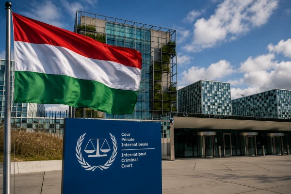 Флаг Венгрии и здание Международного уголовного суда в Гааге