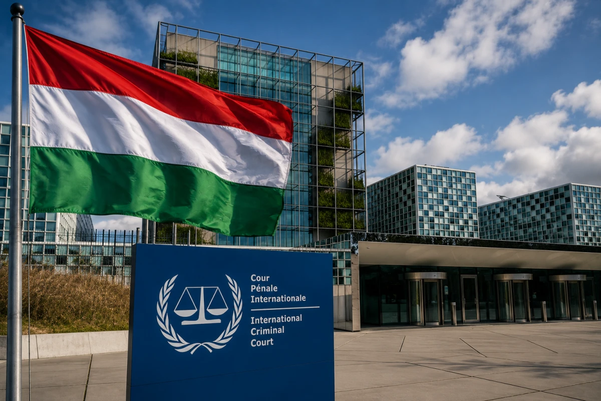 Флаг Венгрии и здание Международного уголовного суда в Гааге