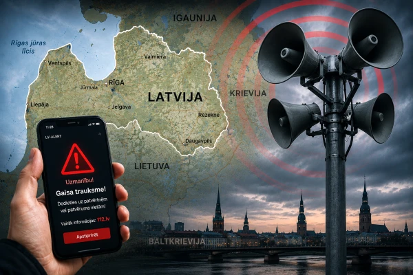Карта Латвии, сирены гражданской обороны и уведомление тревоги на смартфоне
