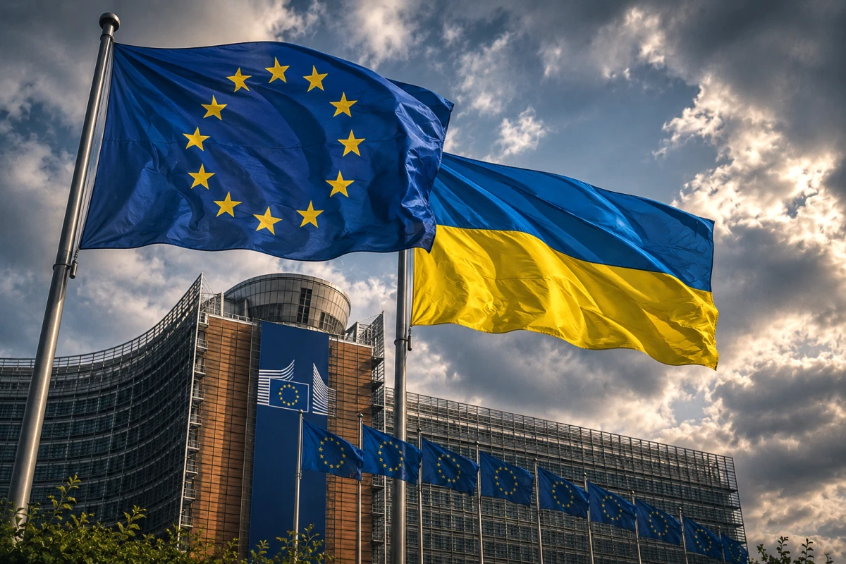 Флаги ЕС и Украины на фоне здания Еврокомиссии