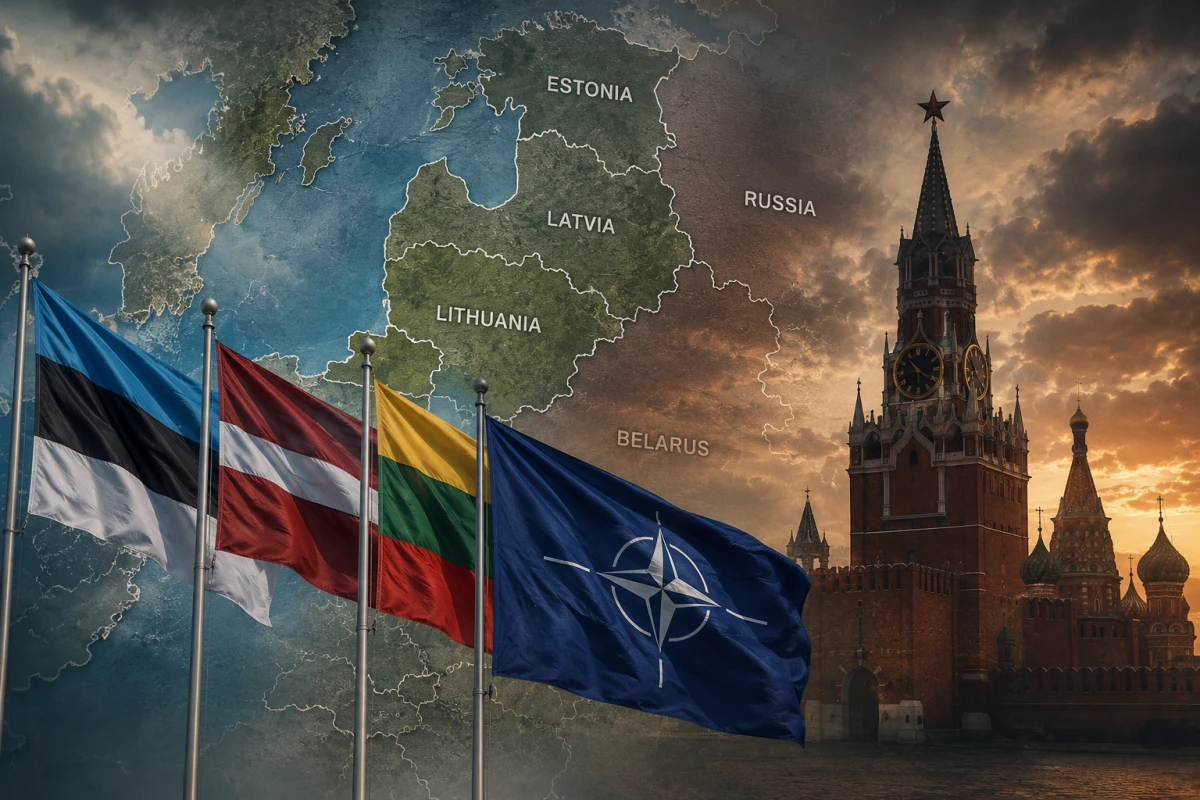Флаги стран Балтии и НАТО, Кремль и карта региона