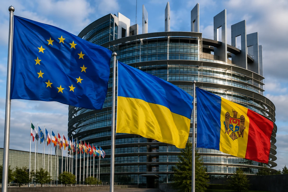 Флаги Евросоюза, Украины и Молдовы на фоне здания Европарламента.