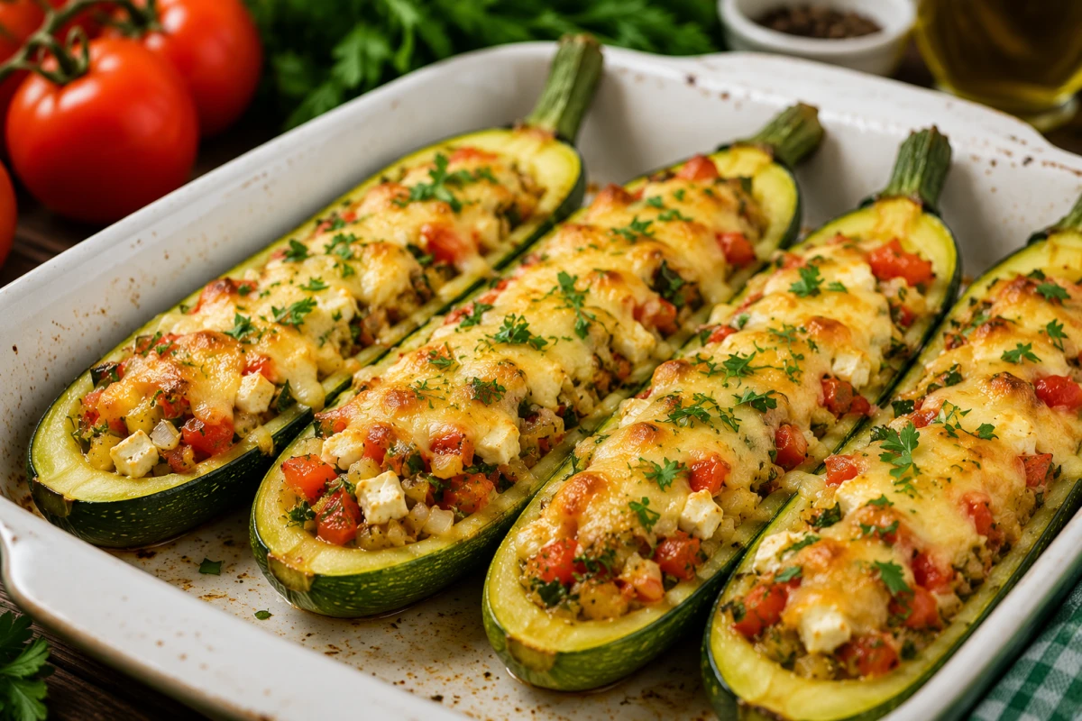 Летний хит из цукини: лодочки с фетой и овощами под сырной корочкой