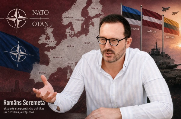 Роман Шеремета на фоне карты Европы, флагов стран Балтии и символики НАТО