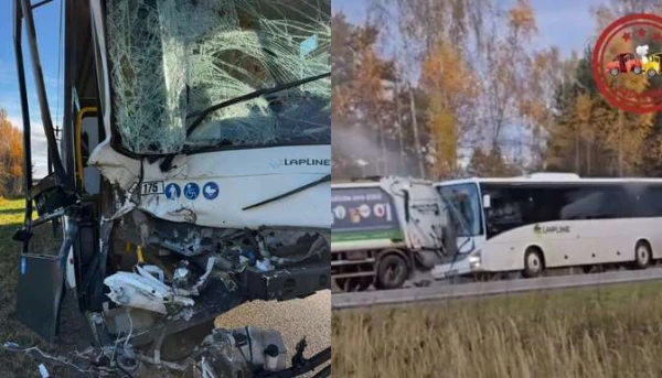 Mārupes novadā sadūrušies atkritumu vedējs un autobuss
