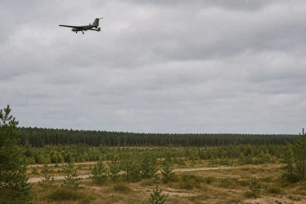 Военный дрон над лесом