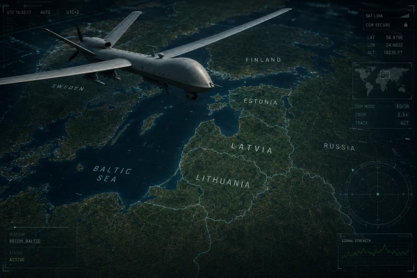 Военный дрон над картой Балтии