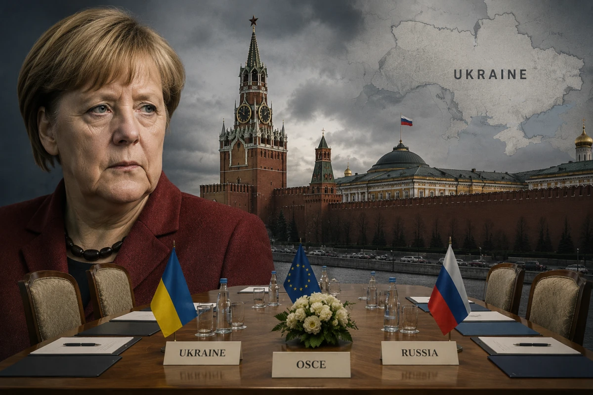 Коллаж: Меркель, Кремль и переговорный стол по Украине